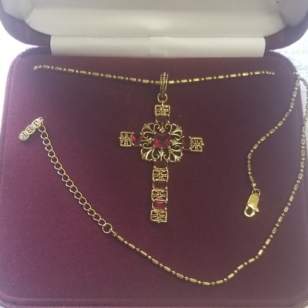 Red and Gold Ornate Cross Necklace